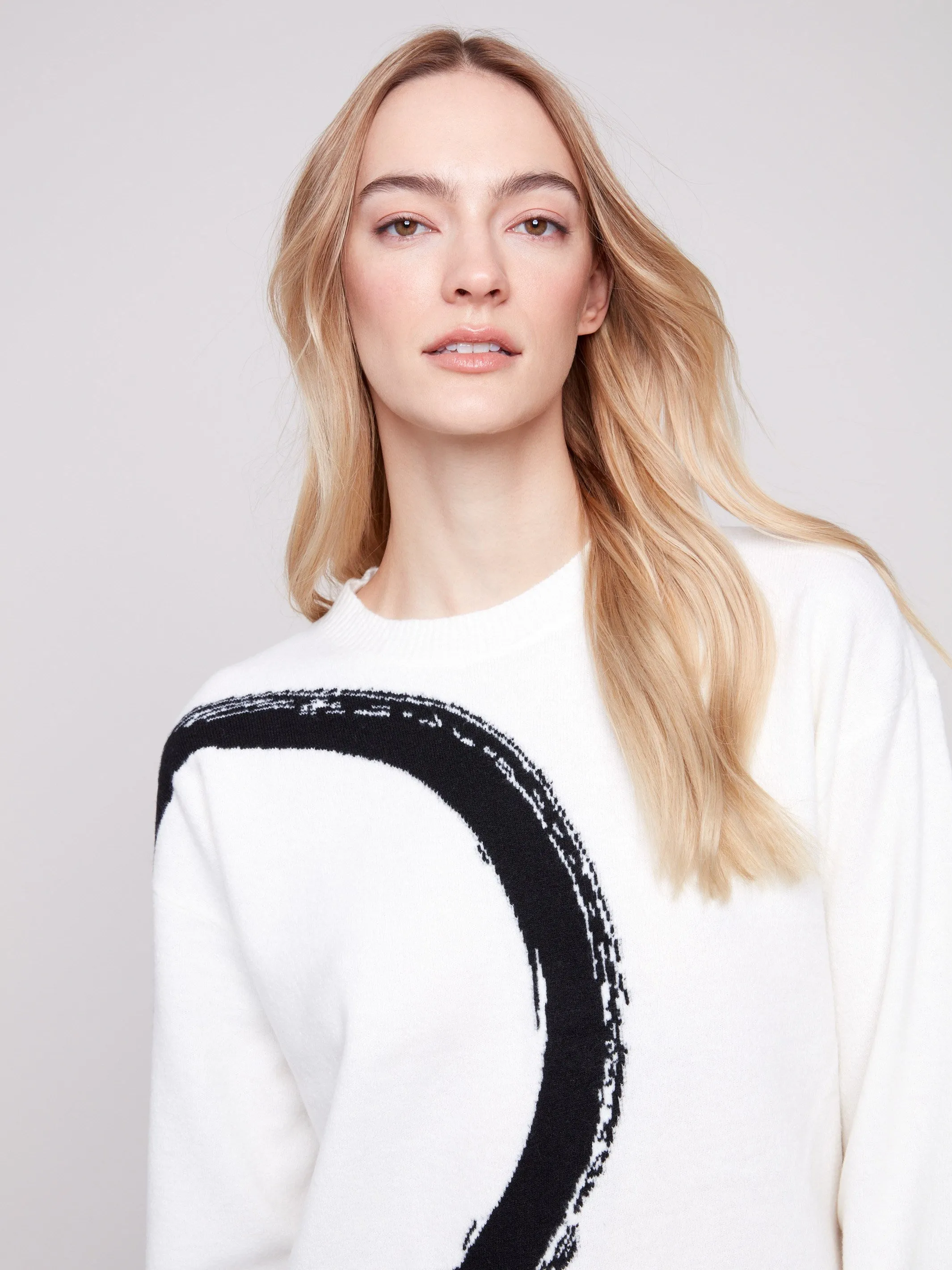 Placed Jacquard Crew Neck Sweater - Ecru Snuggle Fit