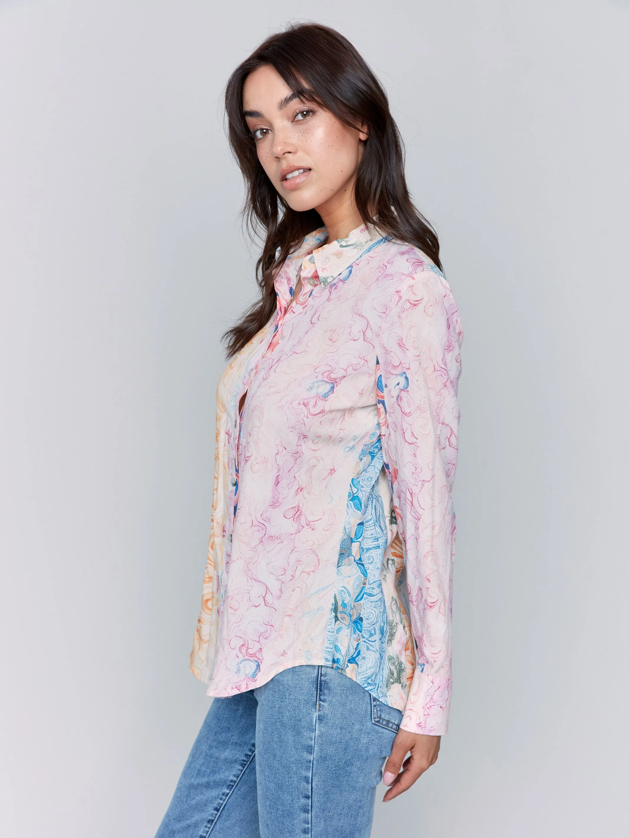 Weekend Style LightweightMaterial Printed Long Sleeve Button-Up Blouse - Wallpaper