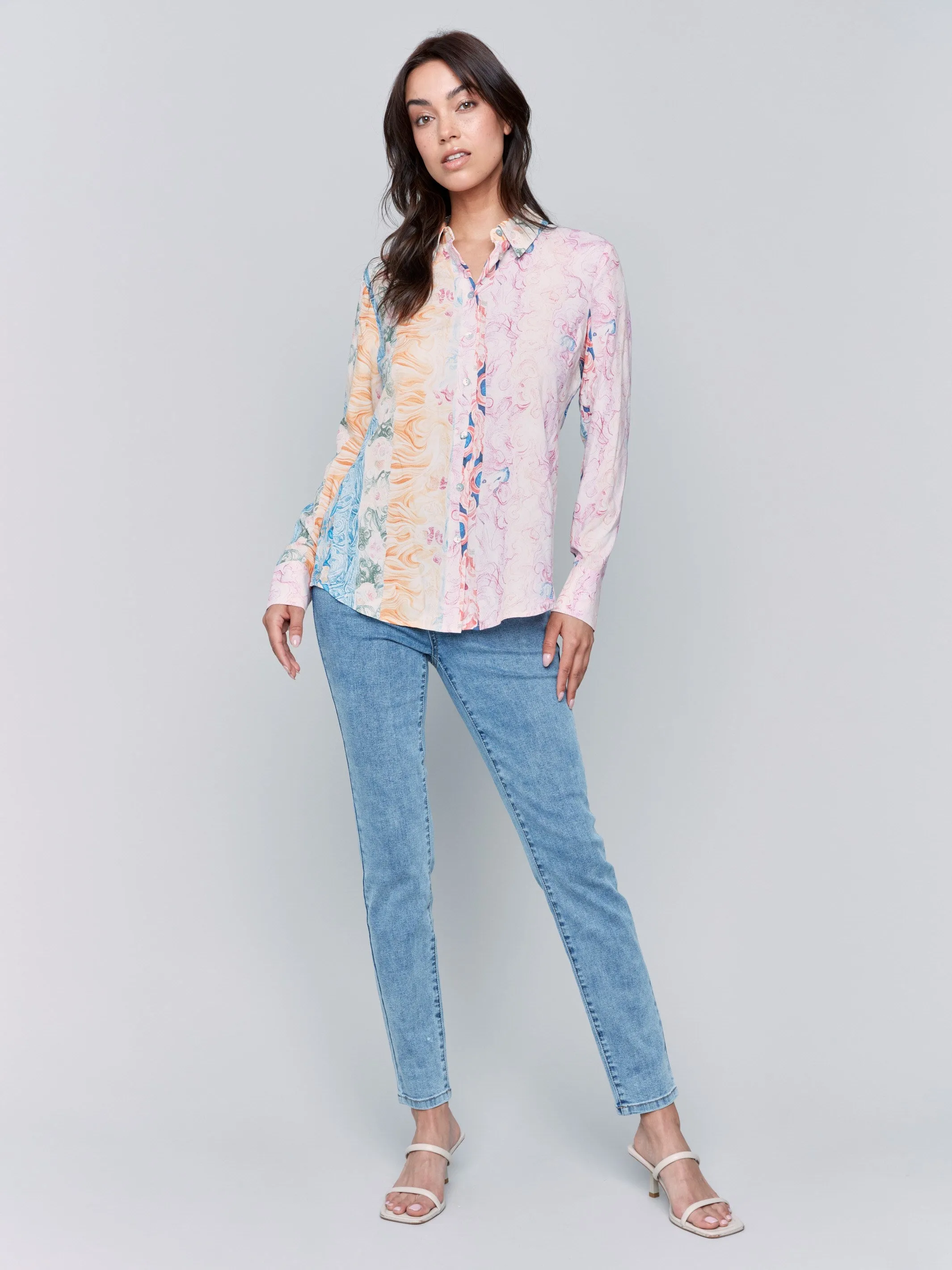 UniversalFit sporty wear Printed Long Sleeve Button-Up Blouse - Wallpaper