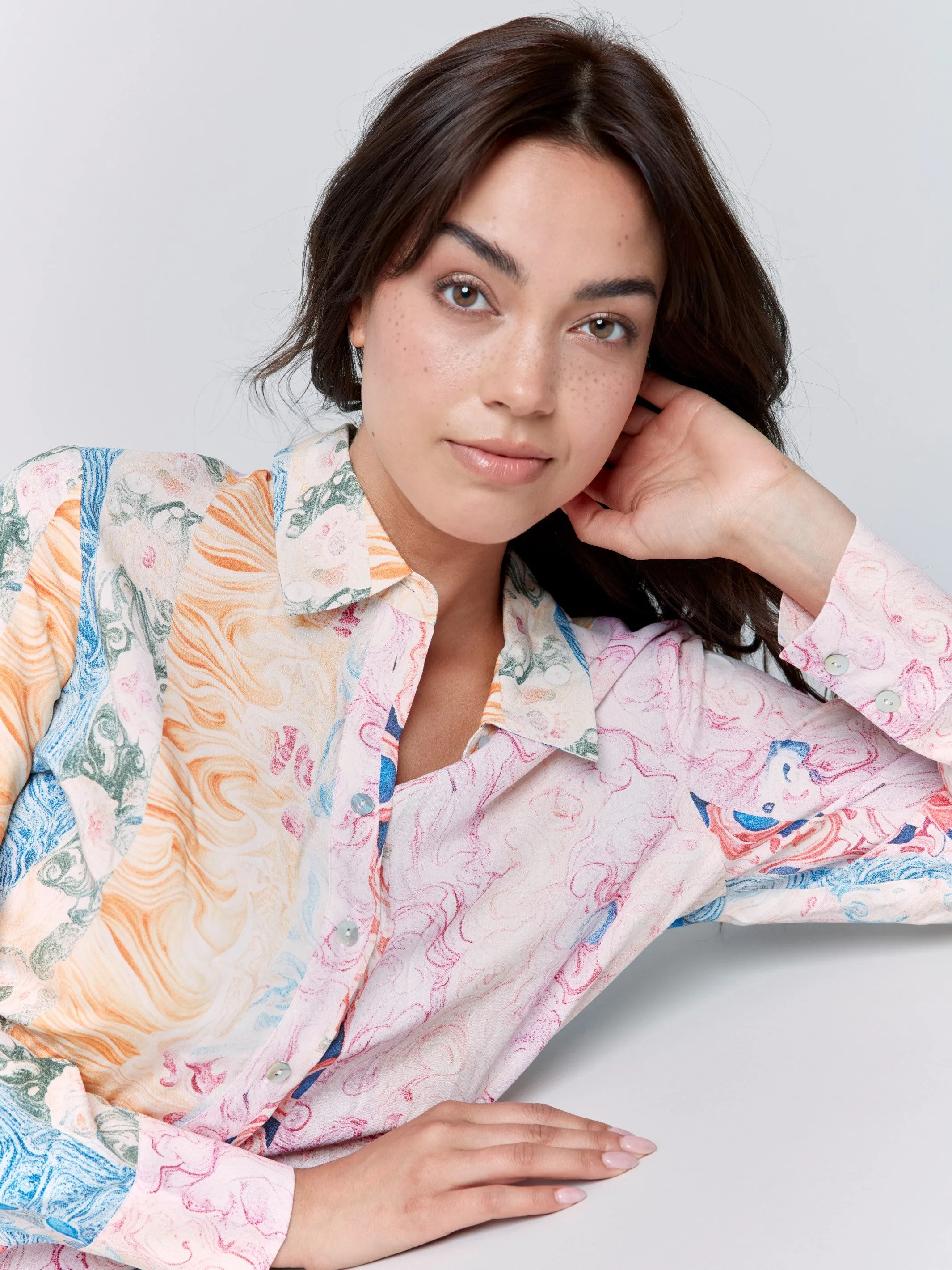 Swim Easy Warm Outerwear Printed Long Sleeve Button-Up Blouse - Wallpaper