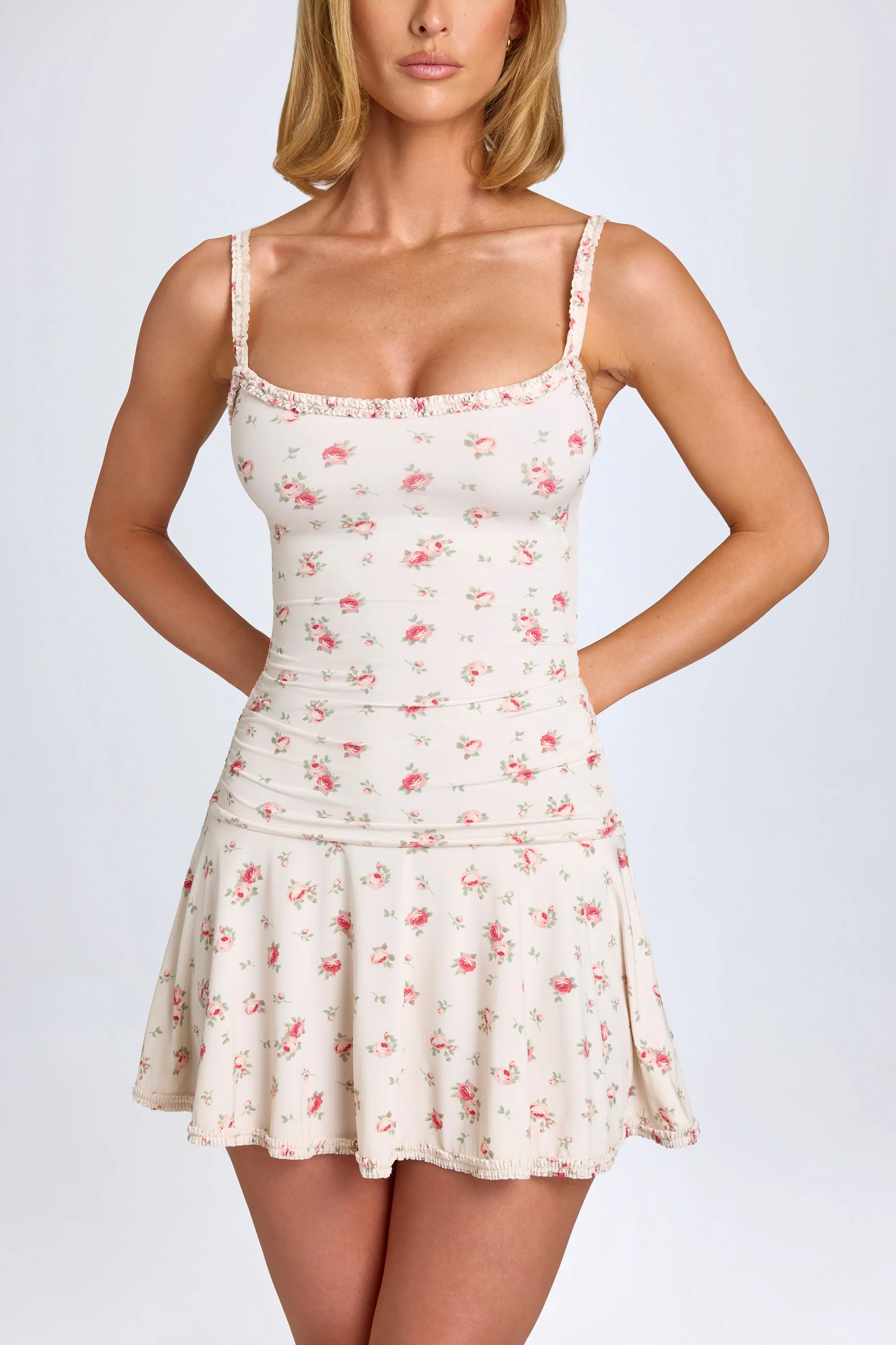 Lace-Trim Ruched Mini Dress in Small Rose Print Trend Mode Scene Glow