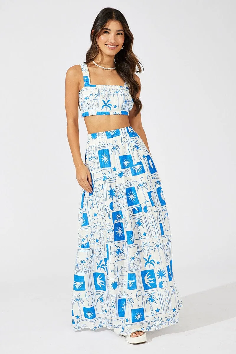 Blue Asymmetric Tiered Maxi Skirt Linen blend Soft Touch