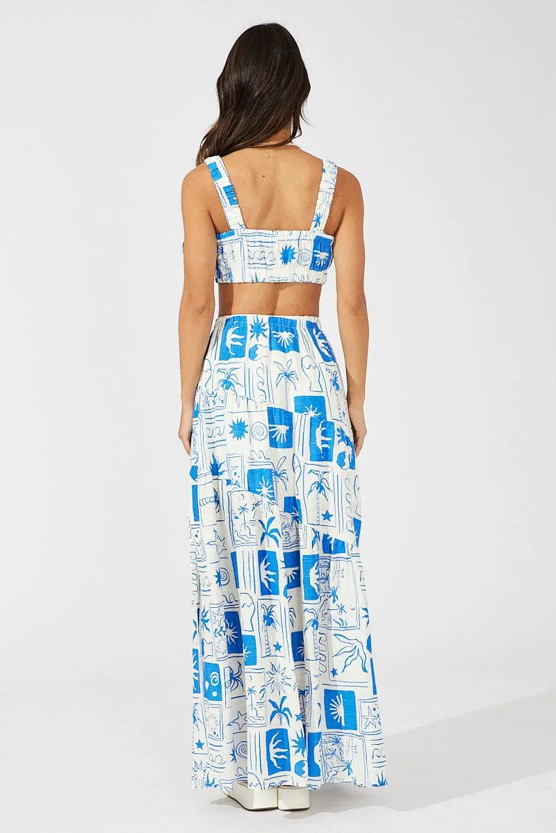 Rolled Hem Blue Asymmetric Tiered Maxi Skirt