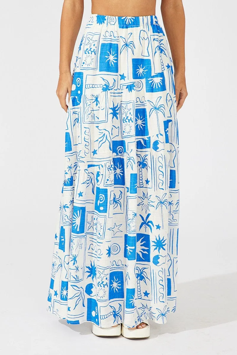 Blue Asymmetric Tiered Maxi Skirt Smooth Edging muted tone