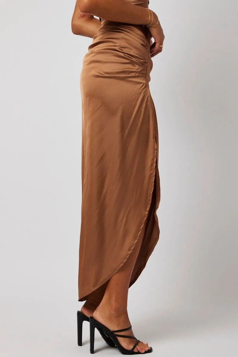 Brown Ruched Maxi Skirt Draped Satin Skirt Neutrals Only Leather Look