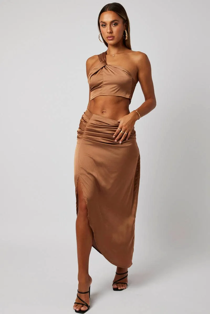 Sequined Finish Heritage Brand Brown Ruched Maxi Skirt Draped Satin Skirt