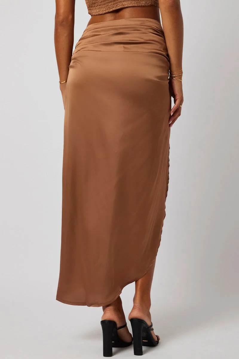 Brown Ruched Maxi Skirt Draped Satin Skirt Chill Feel