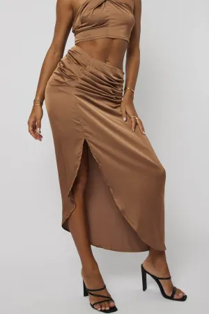 Crisp Finish Seamless Finish Brown Ruched Maxi Skirt Draped Satin Skirt