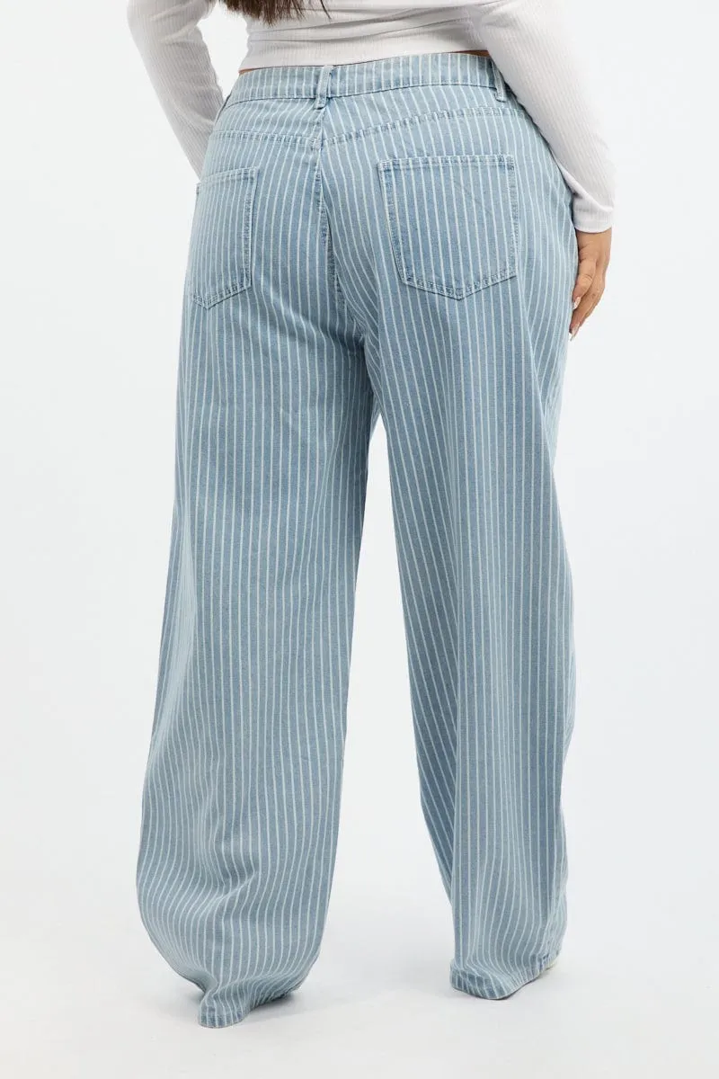 Bartack Stitching Soft Road Trip Youth Style Denim Baggy Jeans Pinstripe