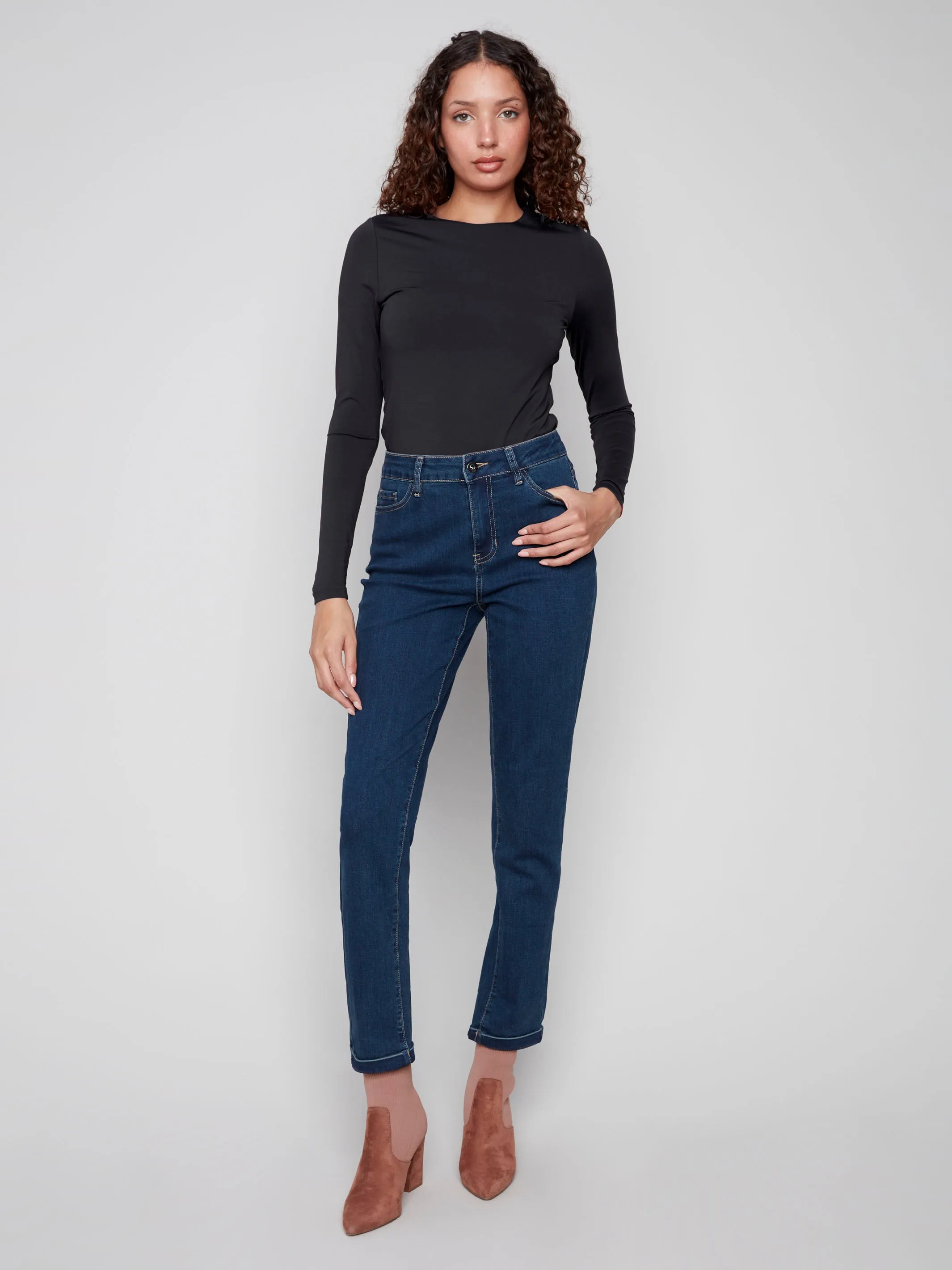 Cuffed Hem Jeans - Dark Blue Comfort Stretch Weave