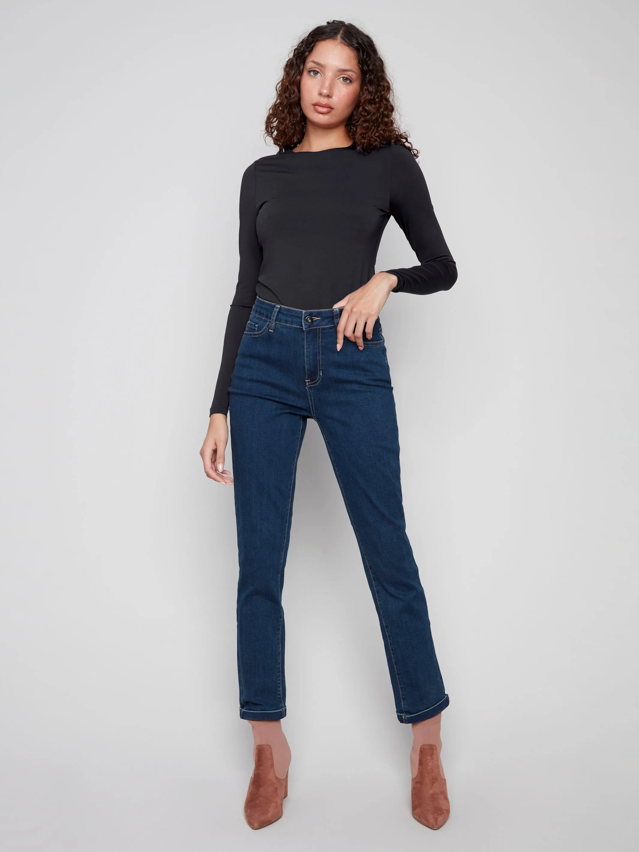 Cuffed Hem Jeans - Dark Blue Formal Classic Wear Loose