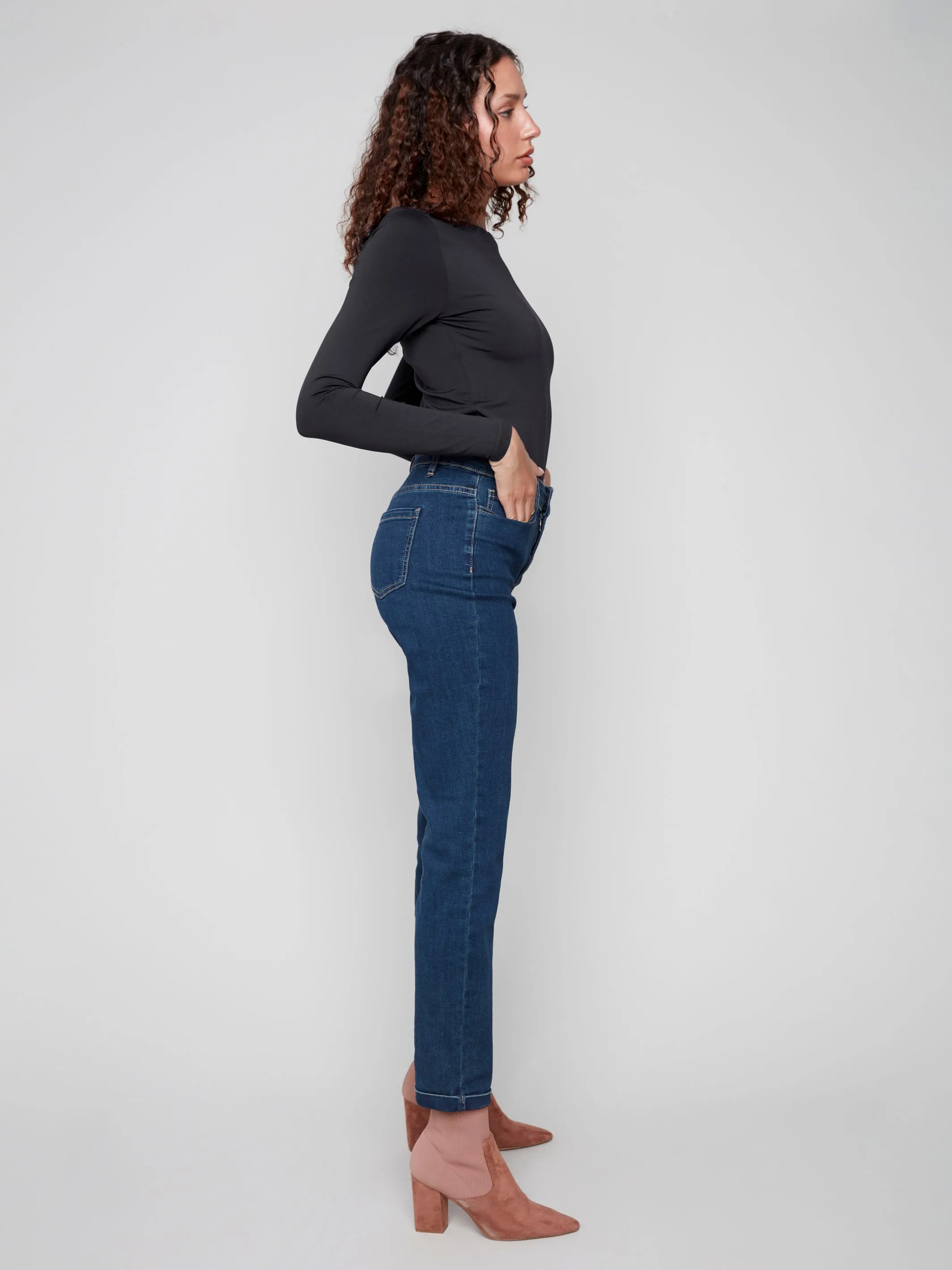 Cuffed Hem Jeans - Dark Blue Durable Rivet Hardware Friction Free Inner Lining
