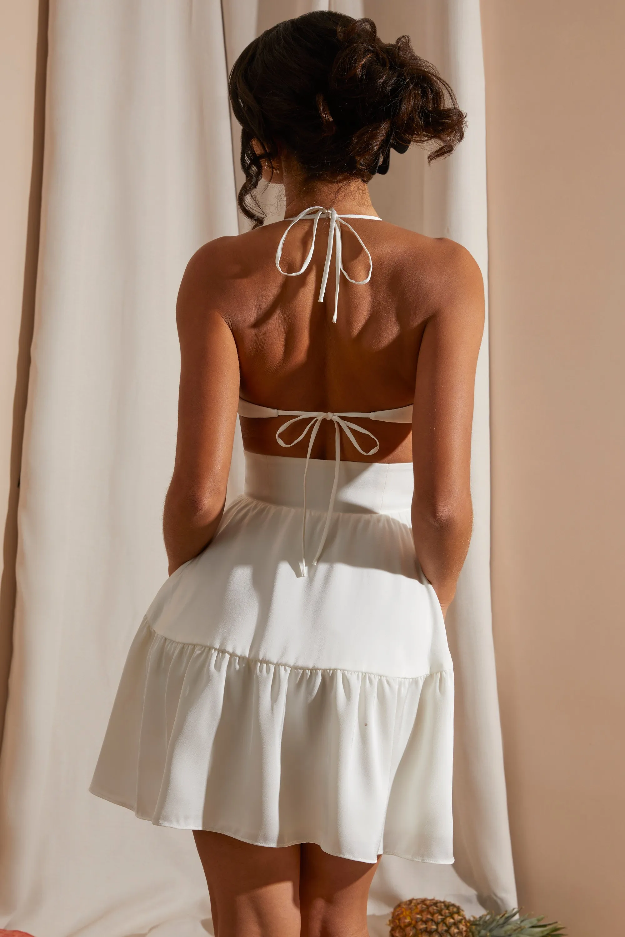 Halter Neck Cut Out Mini Dress in White Casual Day Look