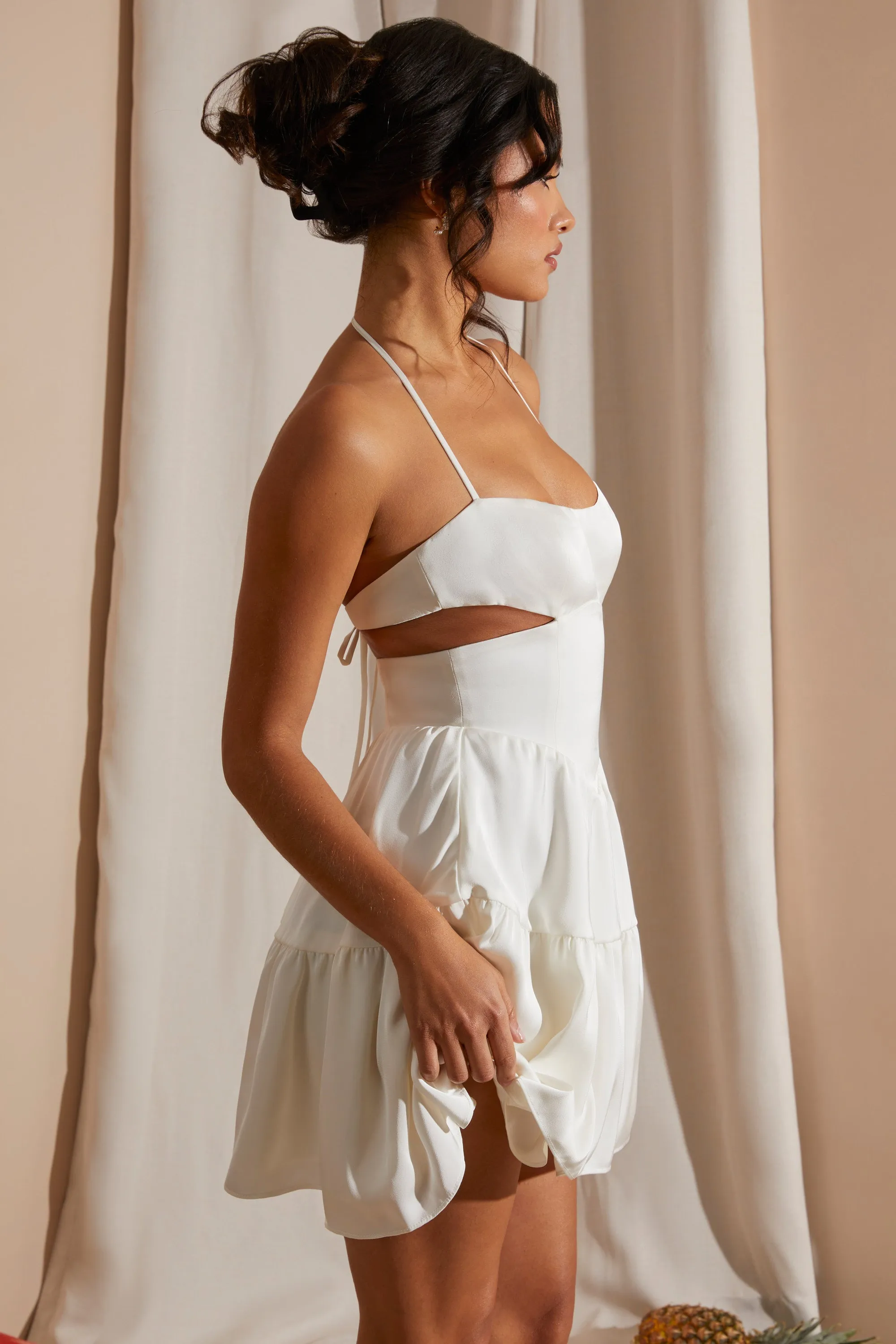 Halter Neck Cut Out Mini Dress in White Generous Armholes Bamboo Fiber Blend