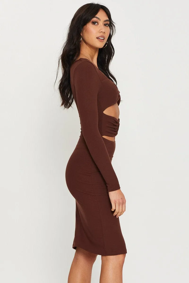 Smart Layer Brown Midi Dress Long Sleeve