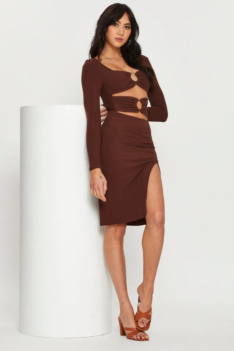 Brown Midi Dress Long Sleeve Elegant Layers Daily Office