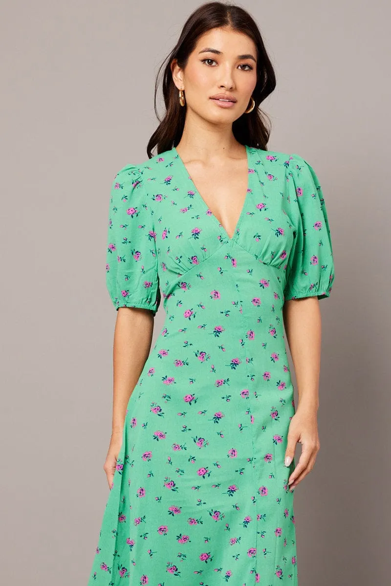 Green Floral Midi Dress Puff Sleeve Tea Dress All-day wear midi Cool Shade