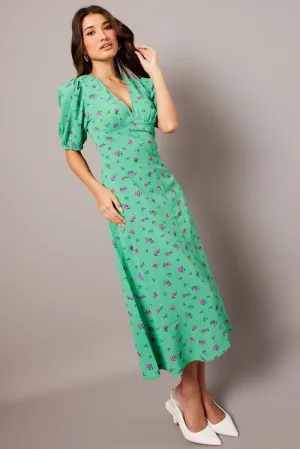 Castle Gate Sleek Comfort Green Floral Midi Dress Puff Sleeve Tea Dress