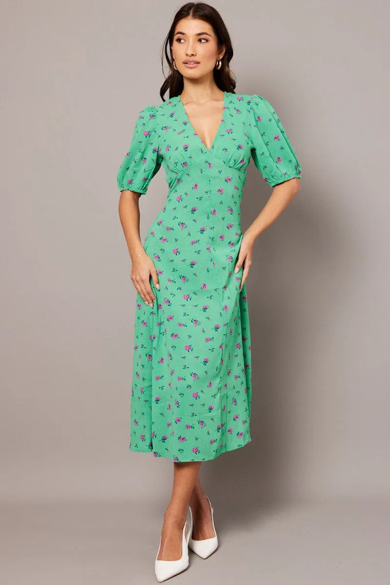 Business Meeting Green Floral Midi Dress Puff Sleeve Tea Dress