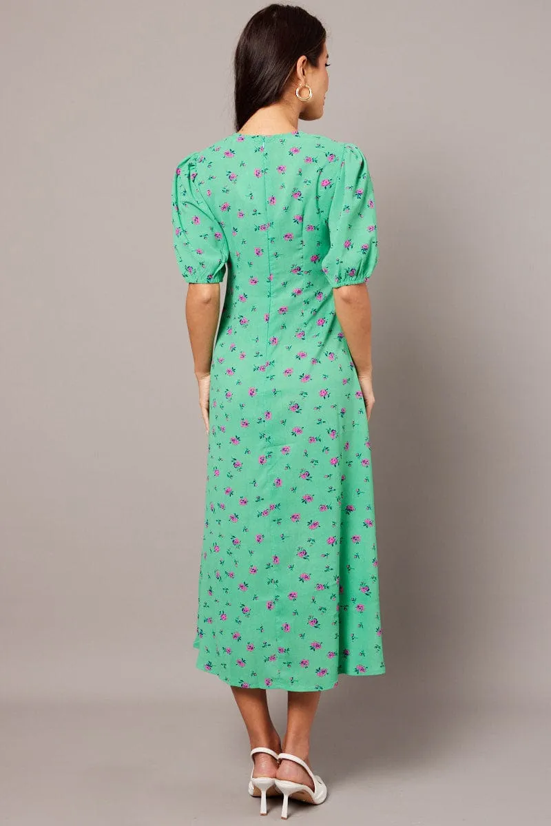 Bridge Walk Green Floral Midi Dress Puff Sleeve Tea Dress
