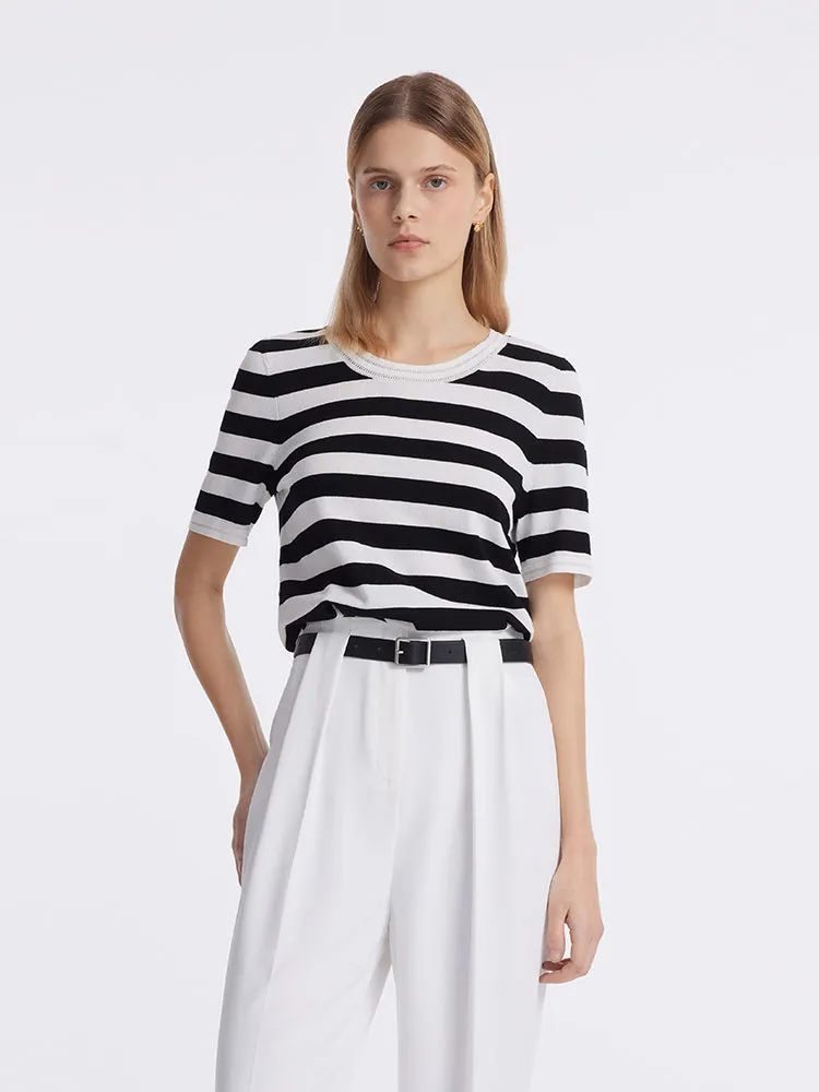 Round Neck Striped Knitted Women Top Sporty Style Wear Light Casual Wear