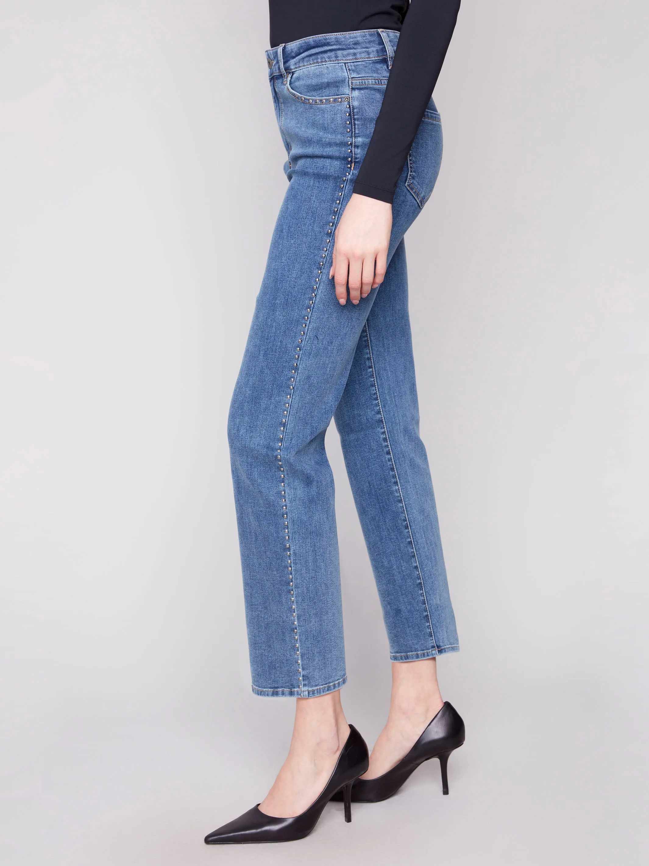Straight Leg Jeans With Side Studs - Medium Blue Outfit Formula