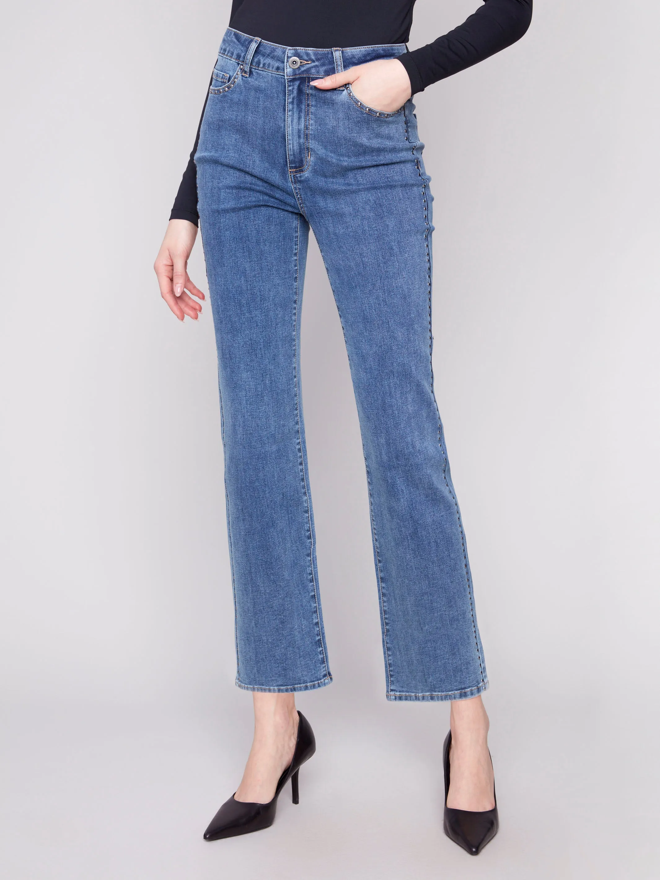 Straight Leg Jeans With Side Studs - Medium Blue Anti Snag Thread Technology Utility Basic