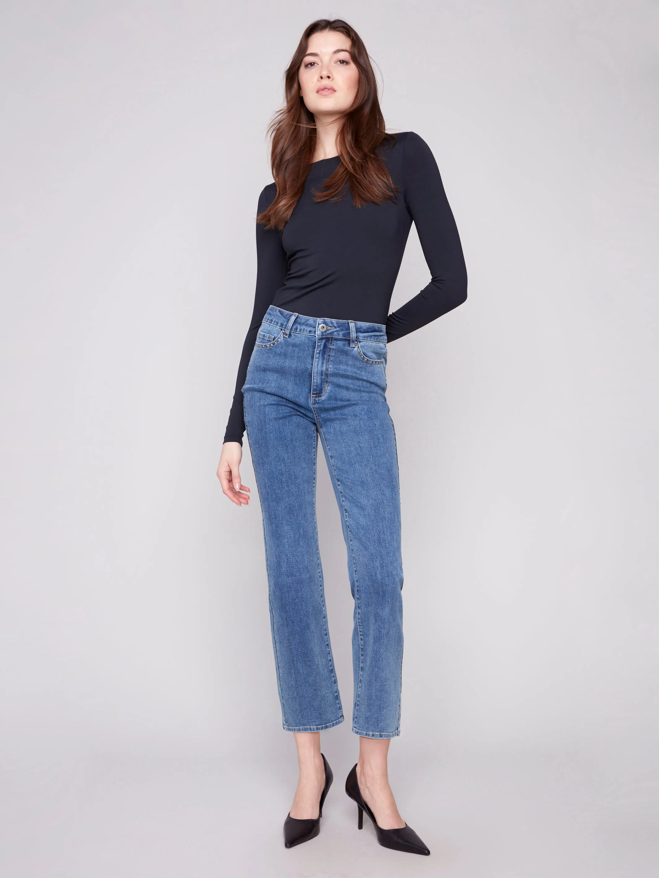 Day To Day Straight Leg Jeans With Side Studs - Medium Blue