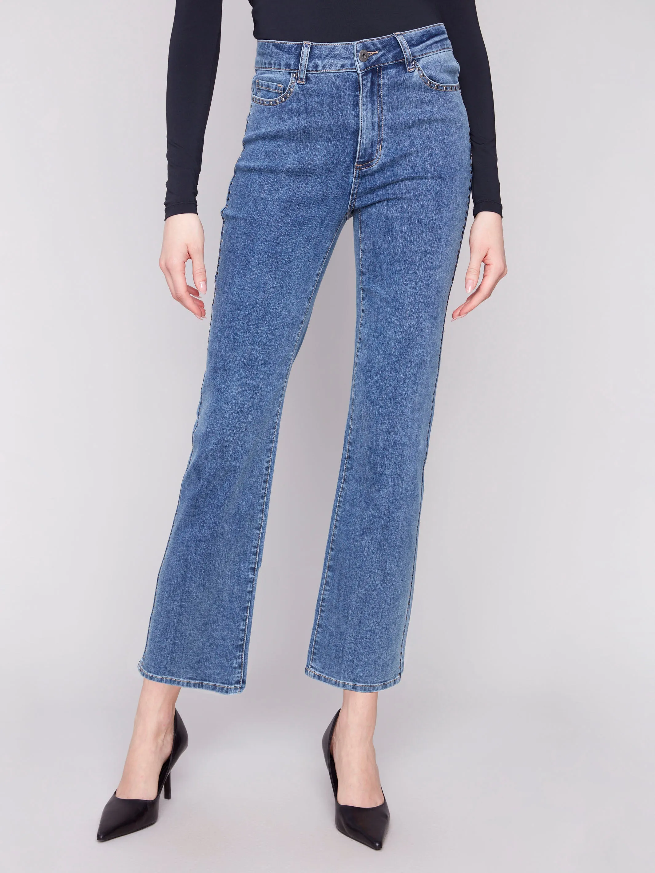 Straight Leg Jeans With Side Studs - Medium Blue Sustainable Weekend Getaway Modern Couple Look