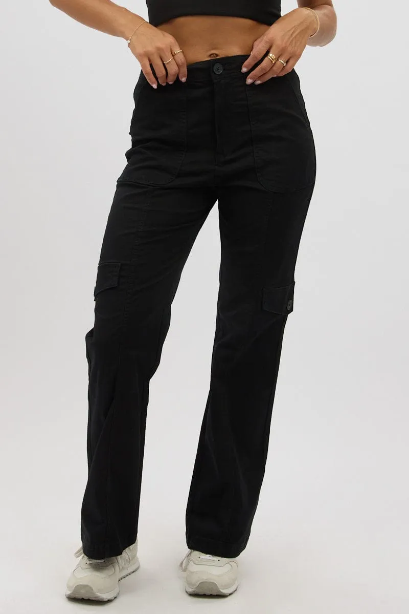 Black Cargo Pants Mid Rise Quick Adjust Fit