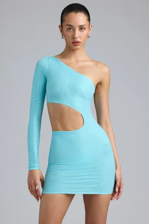 Comfortable Style Oversized Pocket Metallic Cut-Out One-Shoulder Mini Dress in Ice Blue