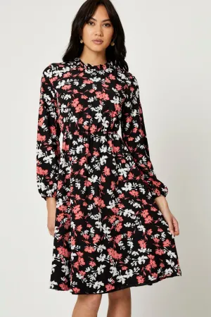 Fashionable knee-length piece Art Gallery Print High Neck Floral Midi Dress