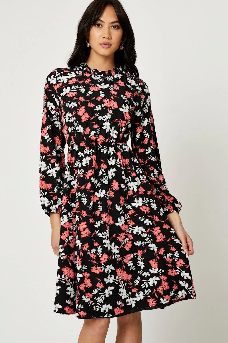 Fashionable knee-length piece Art Gallery Print High Neck Floral Midi Dress