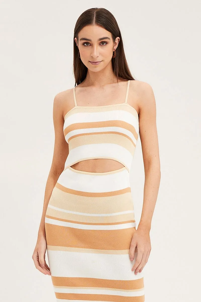 Stripe Midi Dress Sleeveless Cut Out Square Neck Retro Fan