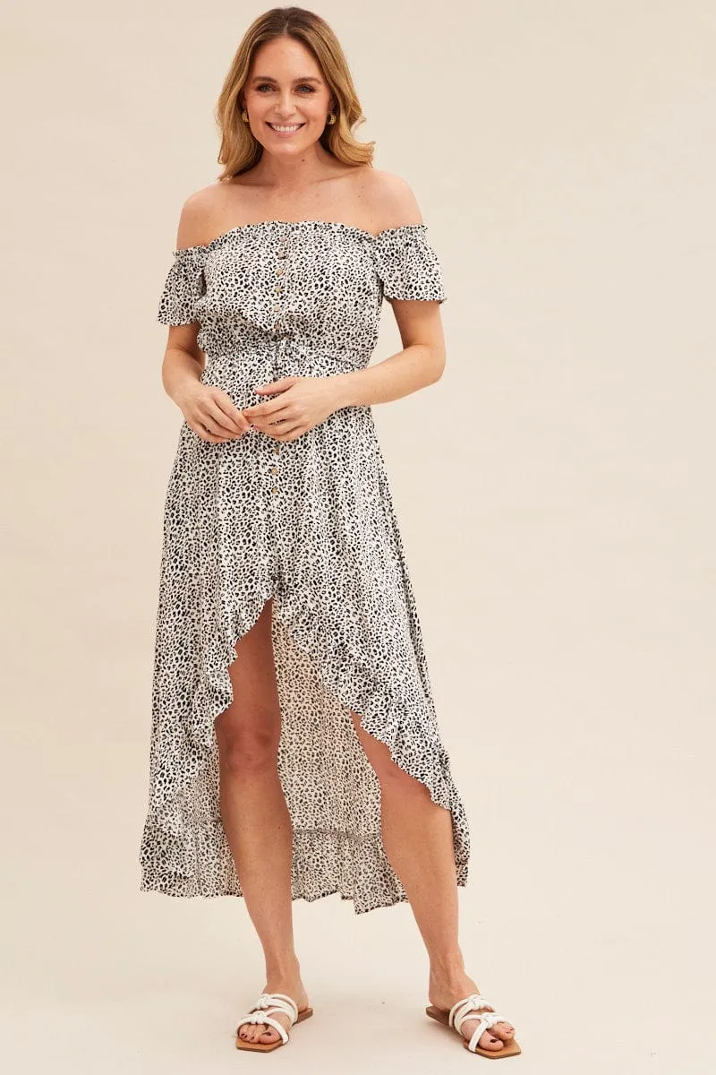 Print Midi Dress Short Sleeve Shirred Off Shoulder Inner Glow