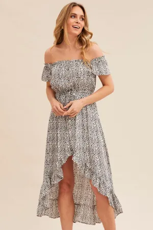 Vibrant Style Flower Scent Print Midi Dress Short Sleeve Shirred Off Shoulder