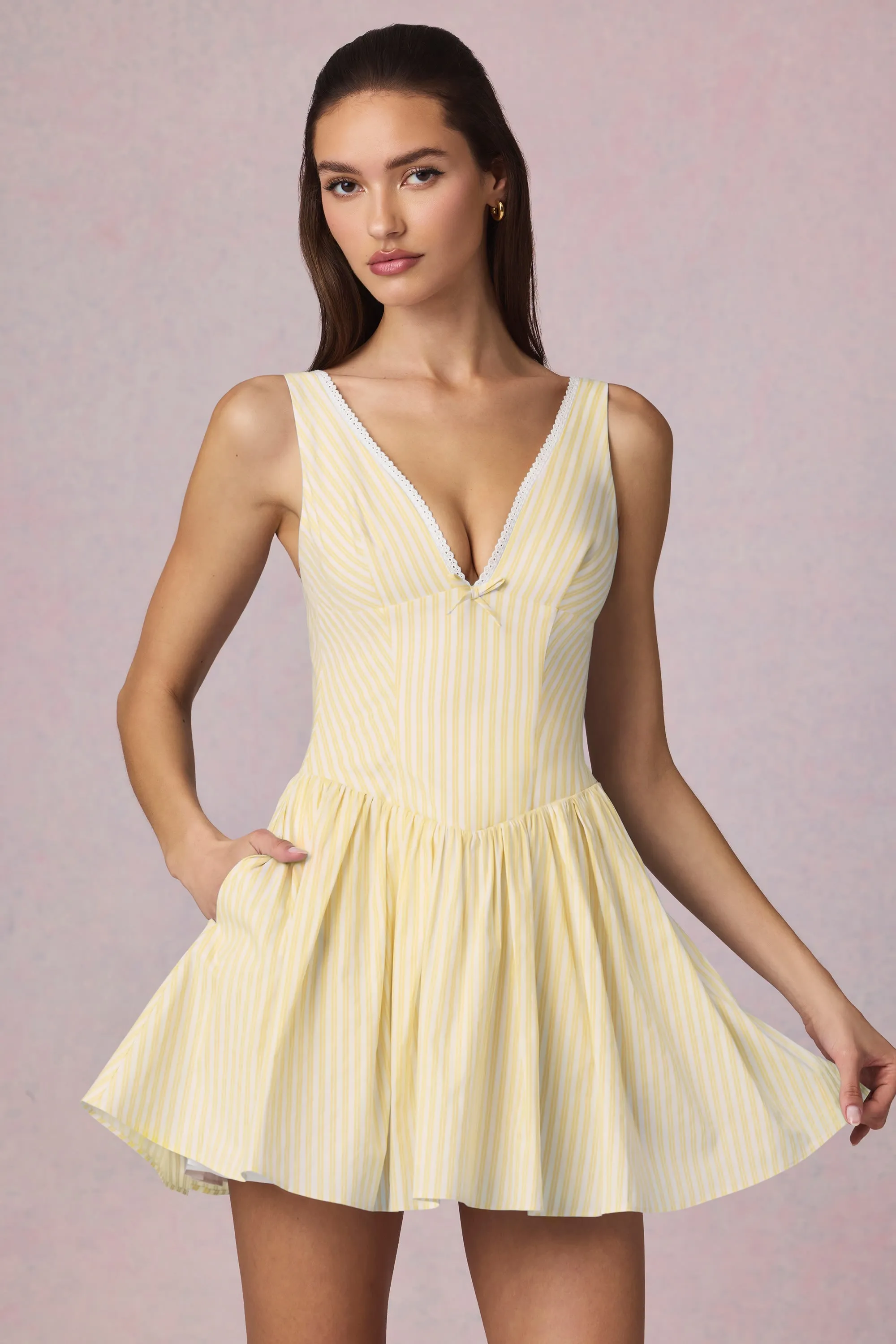 Club Pop Bow-Detail A-Line Mini Dress in Lemon Yellow Stripe