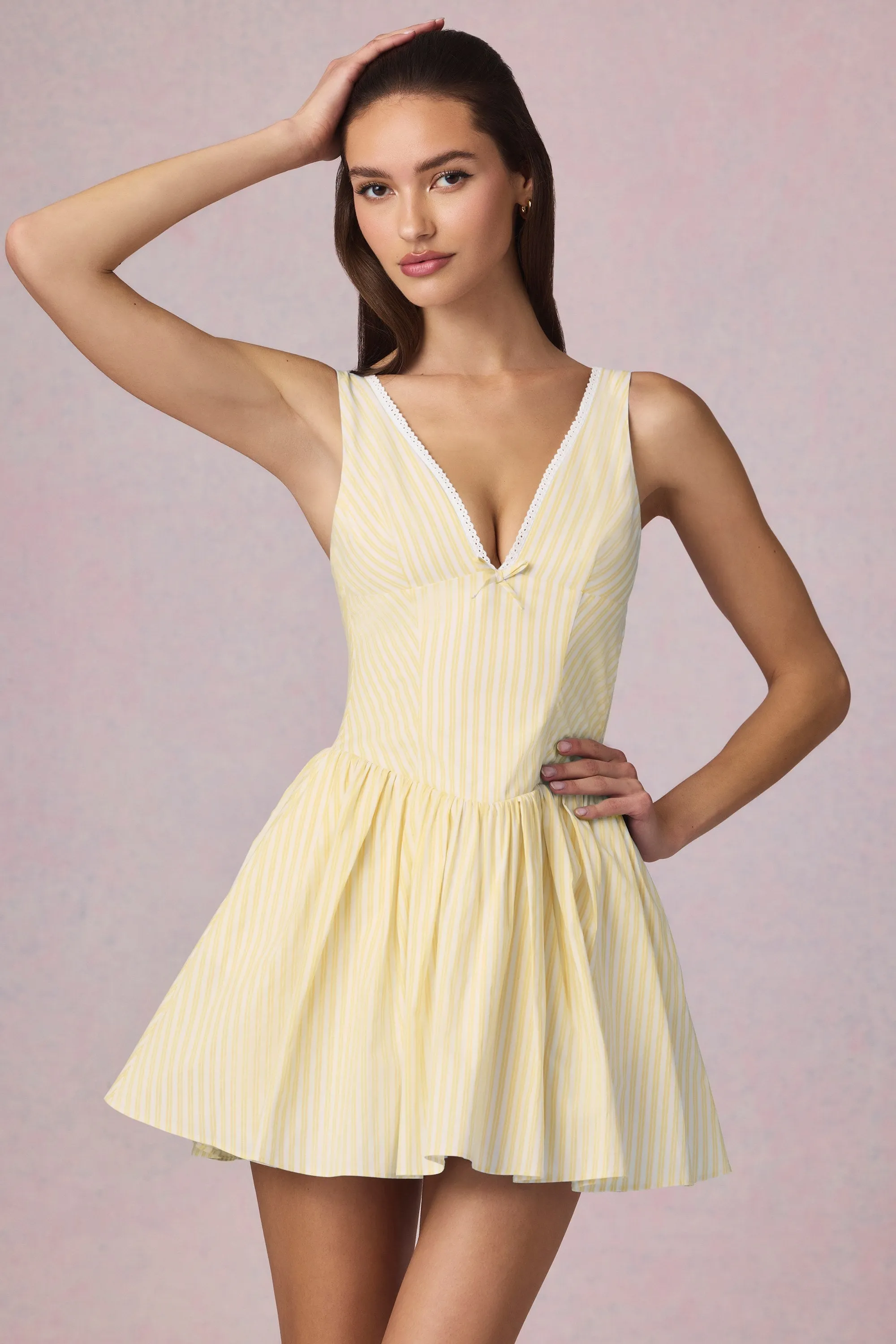 Skin Glow Bow-Detail A-Line Mini Dress in Lemon Yellow Stripe