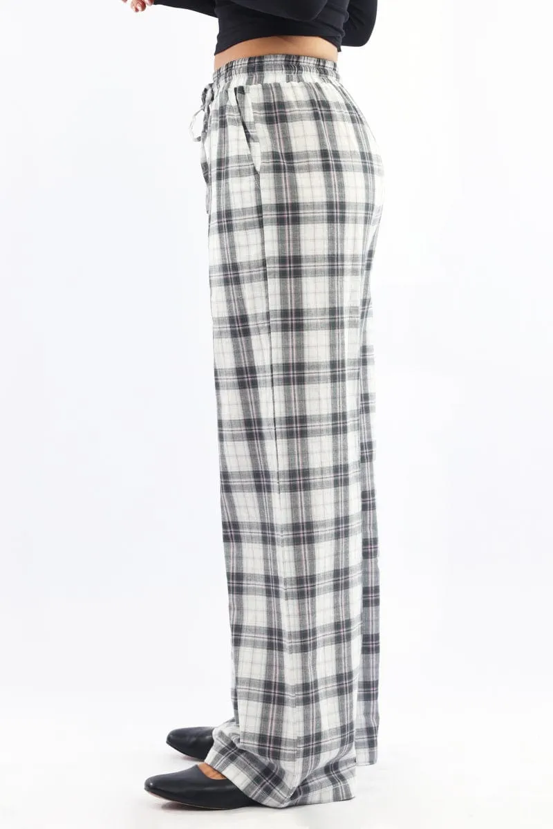 Multi Check Wide Leg Pants Elasticated Waist Durable Utility Stretch Fit Wear