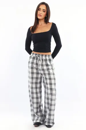 No Gap Waist Construction Gusseted Crotch Multi Check Wide Leg Pants Elasticated Waist