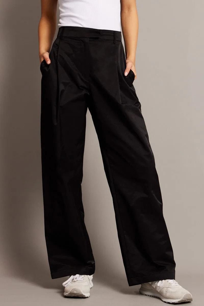 Relaxed Design Wear WindproofLayer Black Wide Leg Pants Pleated Front