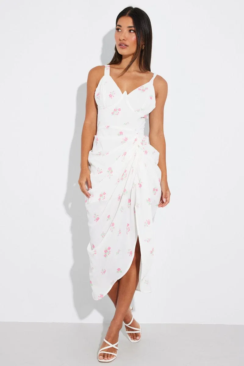 White Floral Draped Midi Dress Corset Detail Tie Shoulder Glacier Edge Trendy Comfort