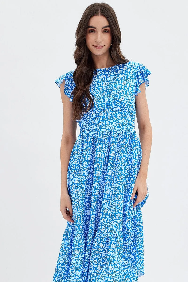 Trendy casual event dress Feminine Elegance Blue Floral Tie Back Midi Dress