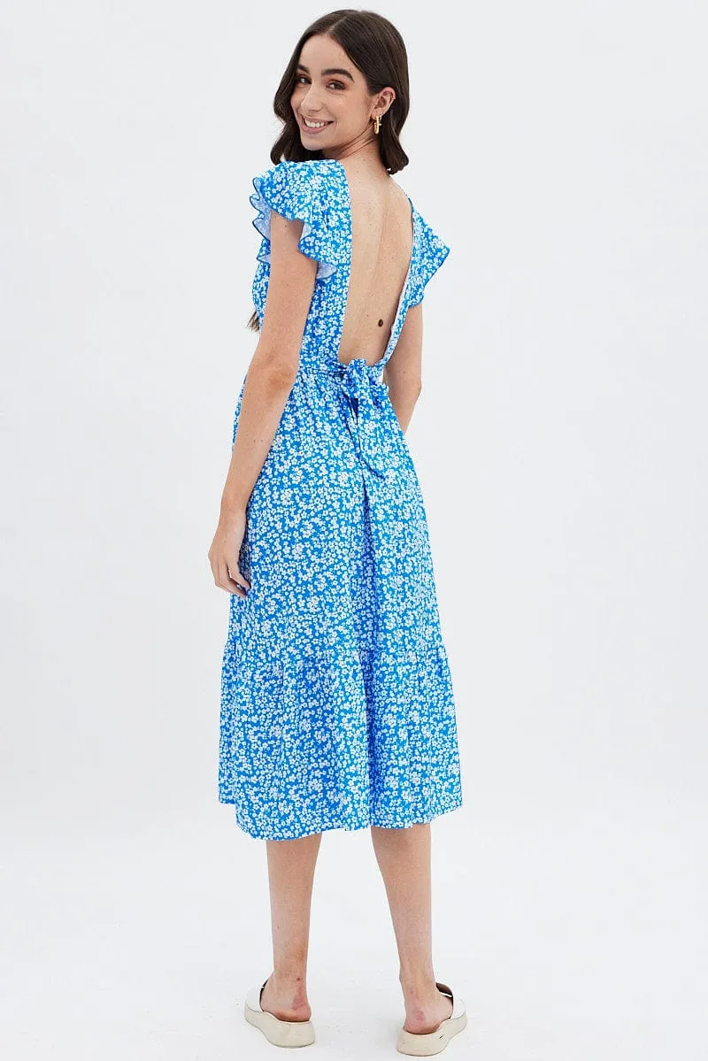 Blue Floral Tie Back Midi Dress Airy Shape