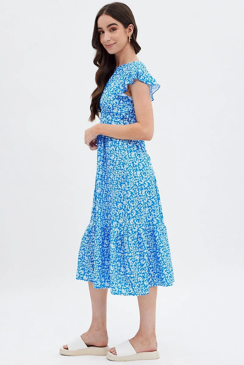 Elegant Silhouette Blue Floral Tie Back Midi Dress