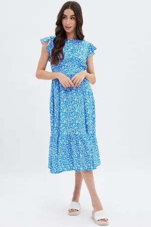 Train Gate Timeless silhouette for all occasions Blue Floral Tie Back Midi Dress