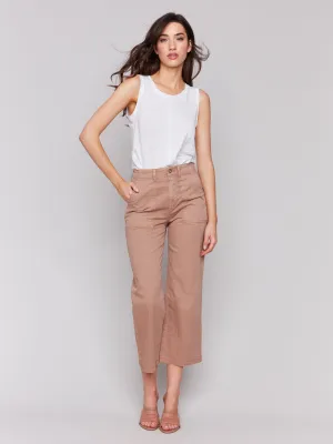 Cropped Utility Pocket Twill Pants - Biscuit No Gap Waist Design Zip Fly Closure