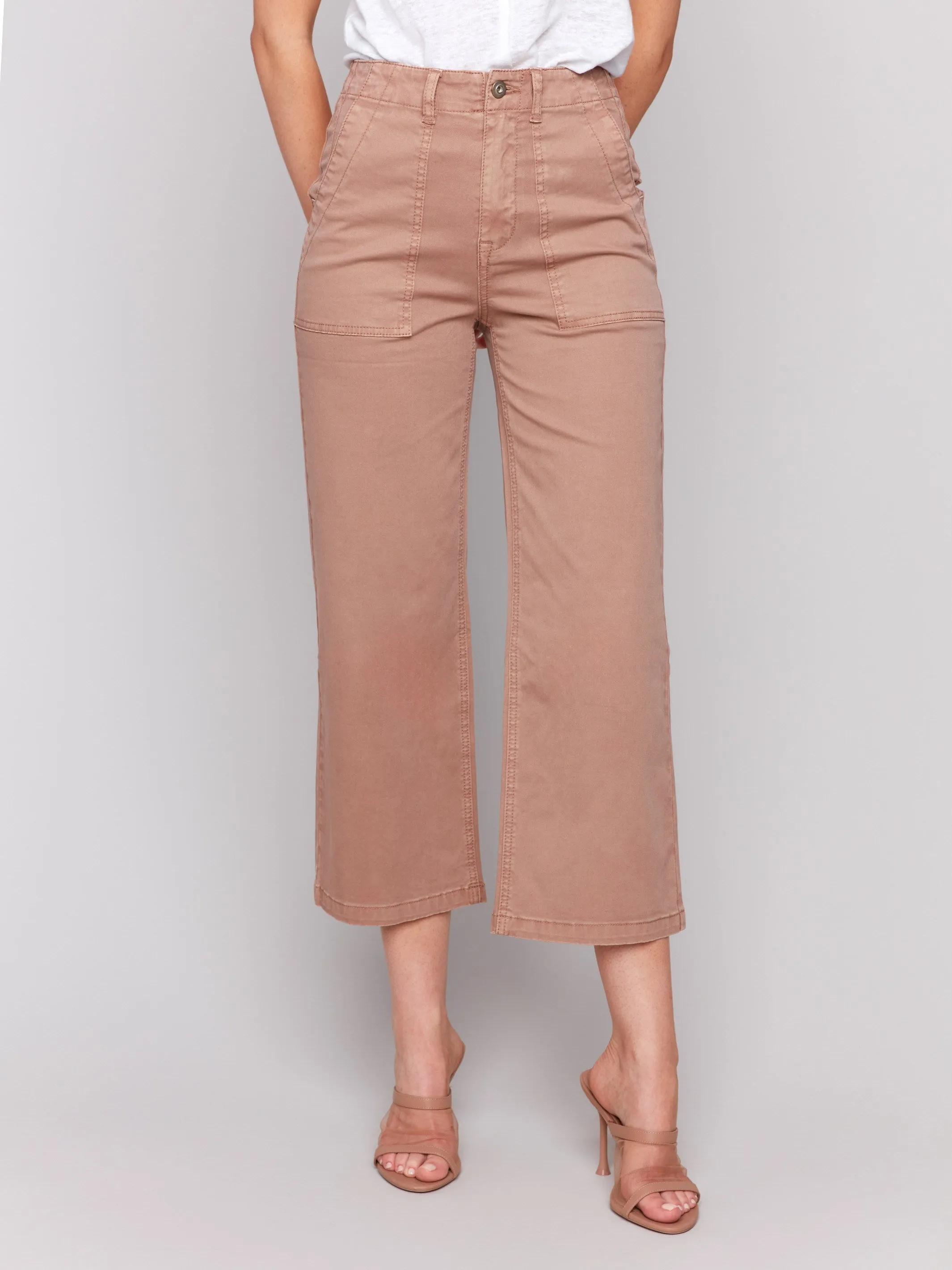 Autumn Days Family Style Eco Friendly Cropped Utility Pocket Twill Pants - Biscuit