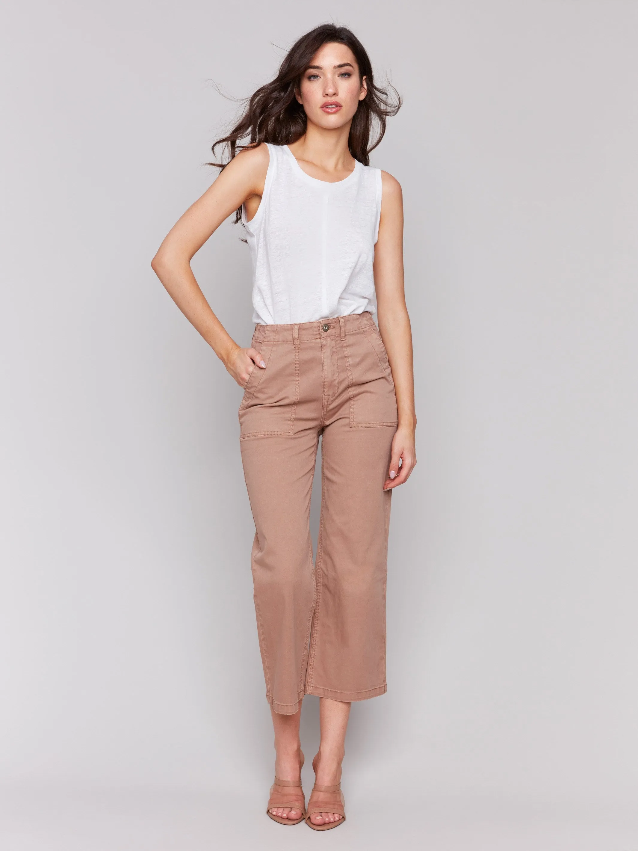 Cropped Utility Pocket Twill Pants - Biscuit No Gap Waist Design Zip Fly Closure