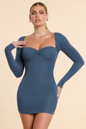Long Sleeve Ruched Modal Cashmere Blend Mini Dress in French Navy Versatile Style